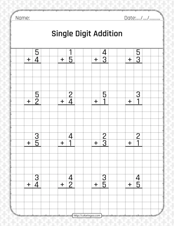 free printable single digit addition pdf worksheet