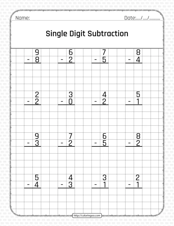 free single digit subtraction pdf worksheet