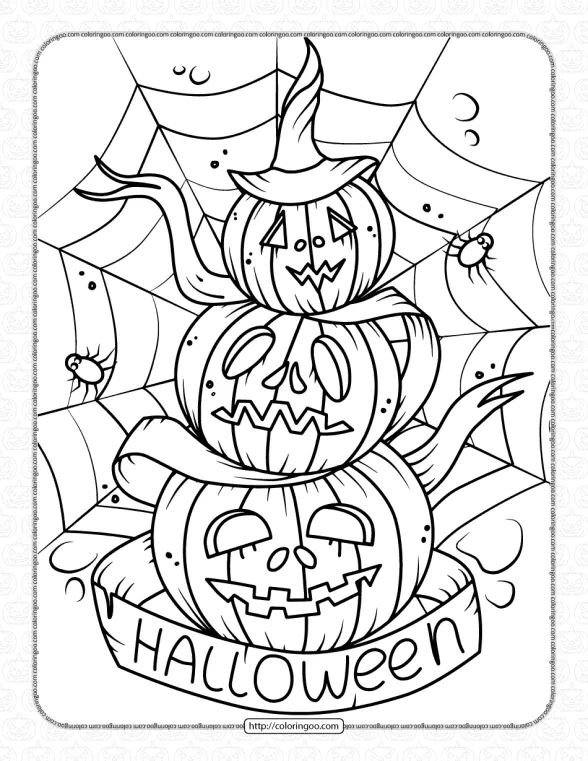 Scary Pile of Pumpkins Spiders Web Coloring Page 1 scary pile of pumpkins spiders web coloring page