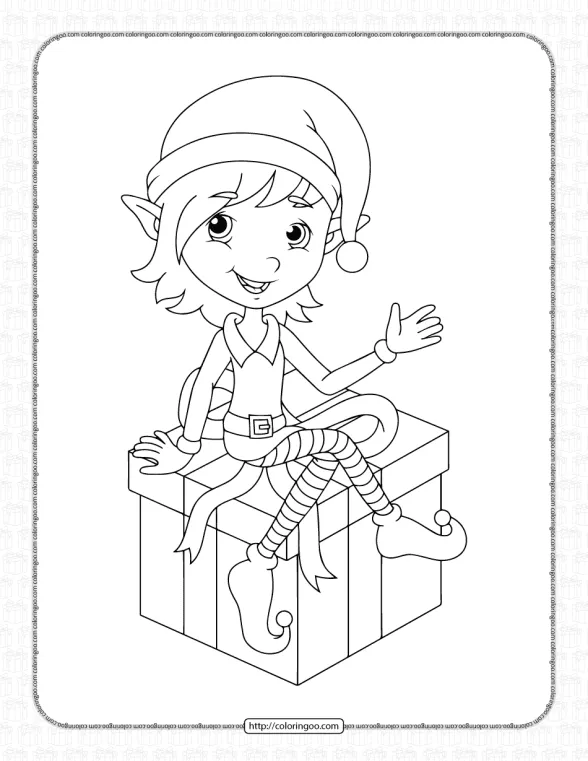 Elf Sitting on Gift Box Christmas Coloring Page 1 elf sitting on gift box christmas coloring page