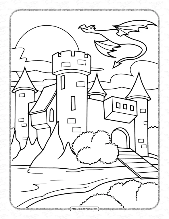 castle with dragon flying above coloring page