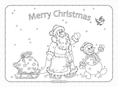 Santa Sleigh Sack and Snowman Coloring Page