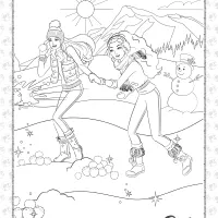 barbie and her friend are playing snowballs coloring page