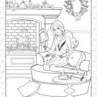 barbie reading a book by the fireplace coloring page