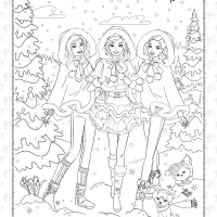 barbie with friends in a snowy forest coloring page