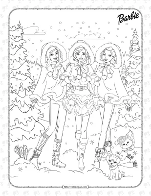 Barbie with Friends in a Snowy Forest Coloring Page