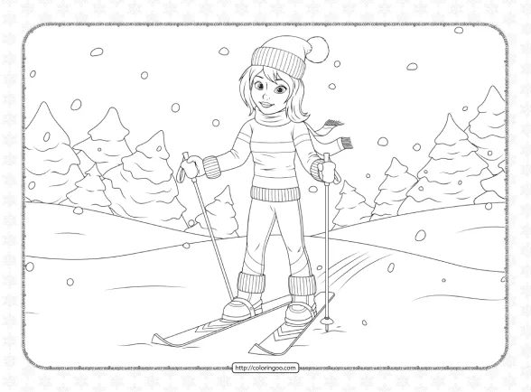 girl skiing in winter coloring page