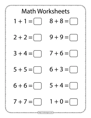 Math Addition Worksheet for Kindergarten