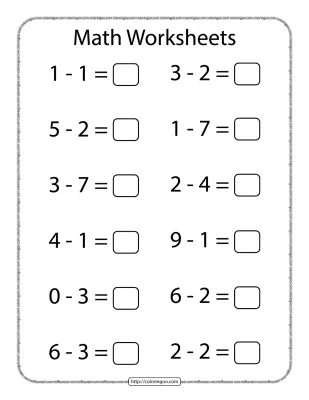 Math Subtraction Worksheet for Kindergarten