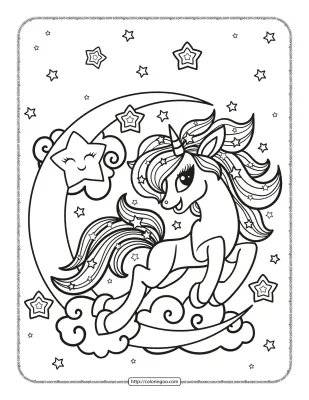 Unicorn with Moon and Stars Coloring Page