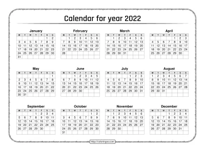 Printable Calendar for Year 2022 Pdf