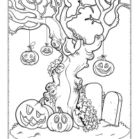 carved pumpkins hanging from spooky tree