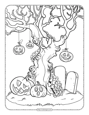 Carved Pumpkins Hanging from Spooky Tree