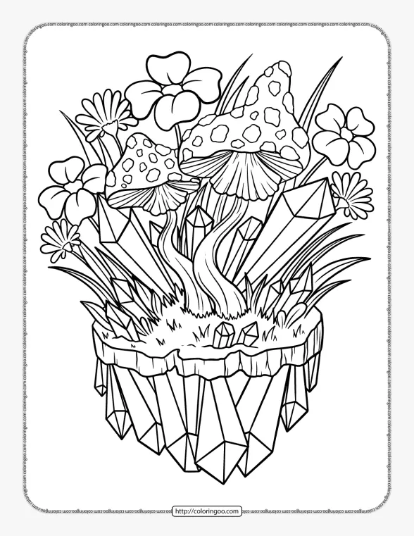 printable crystal mushrooms coloring page