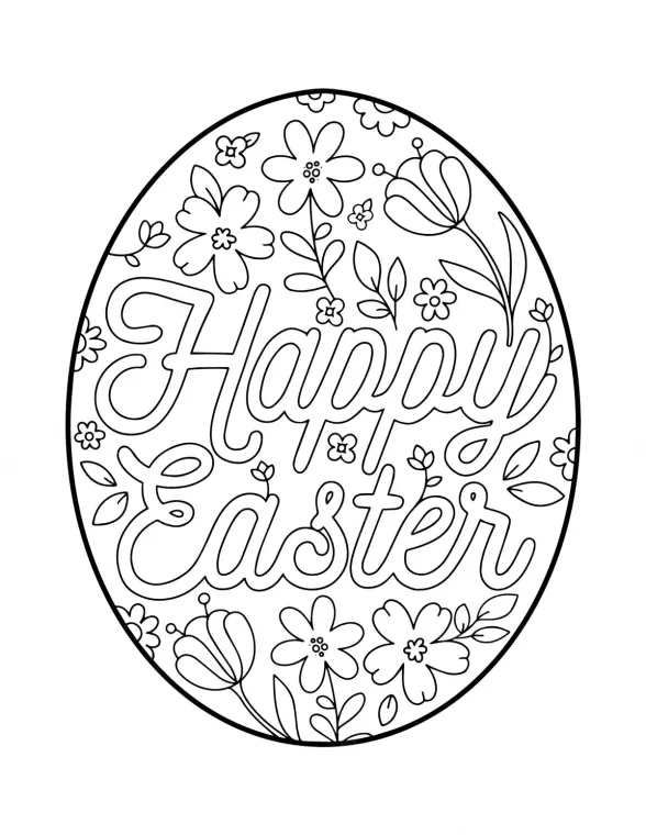happy easter egg lettering with flowers coloring page