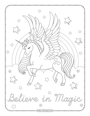 Unicorn Coloring Pages Stars and Rainbow Clouds