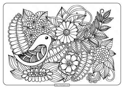 Printable Bird with Flowers Pdf Coloring Page
