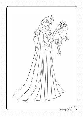 Aurora and Cute Owl Coloring Page