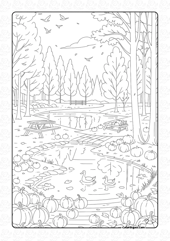 Autumn Day Pond View Coloring Page