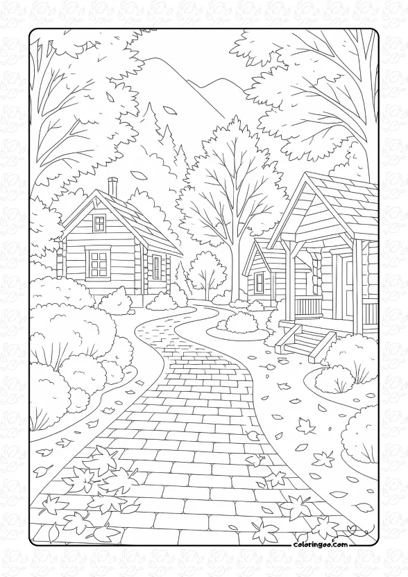 Autumn in the Village Coloring Page