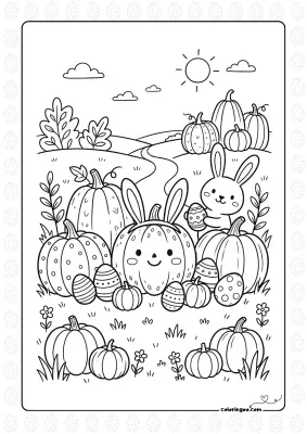 Easter Bunny And Pumpkins Coloring Page