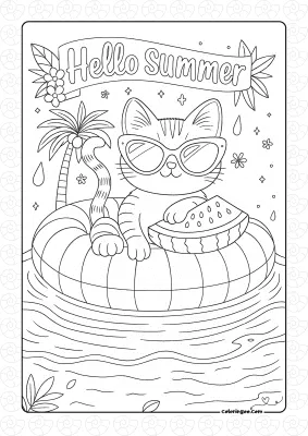 Hello Summer Cat Coloring Page
