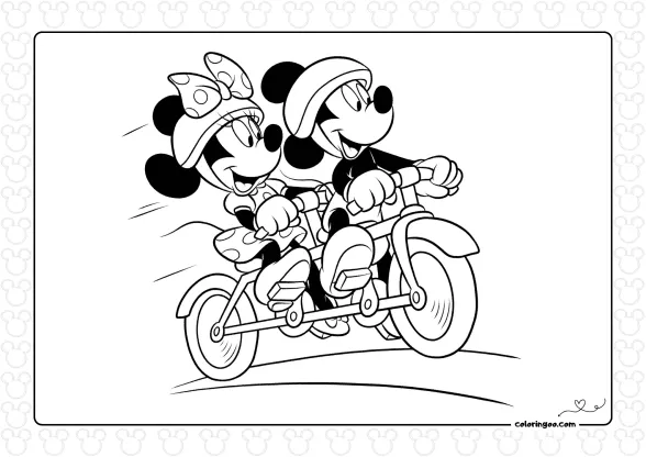 Minnie and Mickey on a Bicycle Coloring Page 1 Minnie and Mickey on a Bicycle Coloring Page