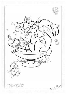 Tom and Jerry Bathing in the Fountain