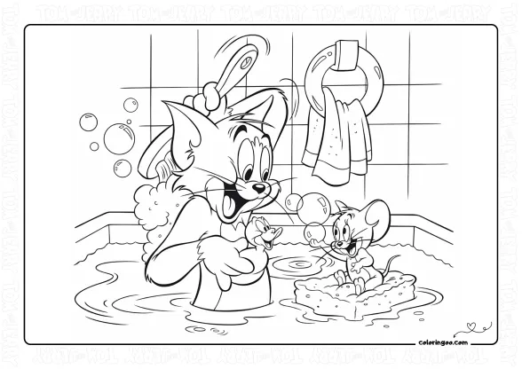 Tom and Jerry Take a Bath Coloring Page