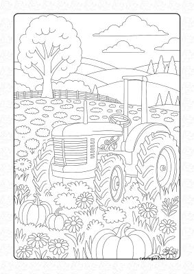 Tractor and Pumpkins Coloring Page