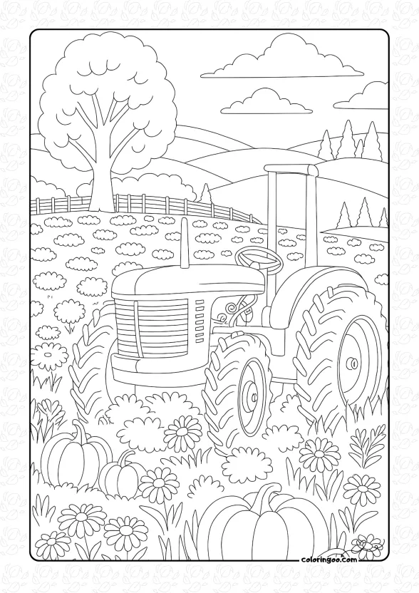 Tractor and Pumpkins Coloring Page 1 Tractor and Pumpkins Coloring Page