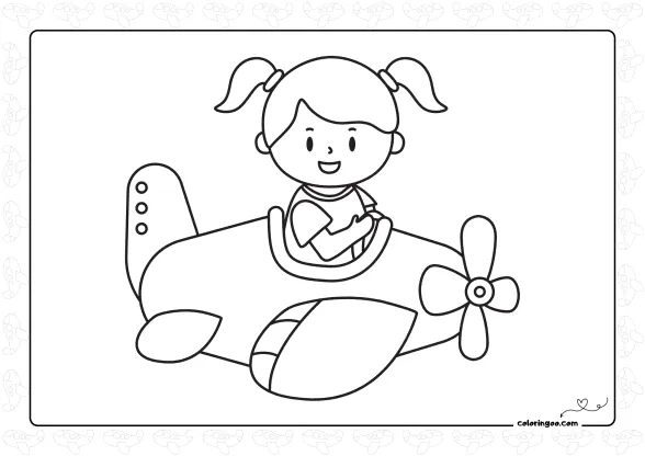 cute simple plane and girl coloring