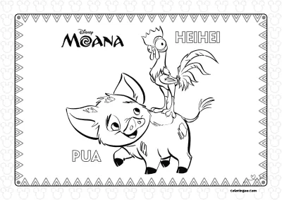 Pua and Heihei from Moana Coloring Page
