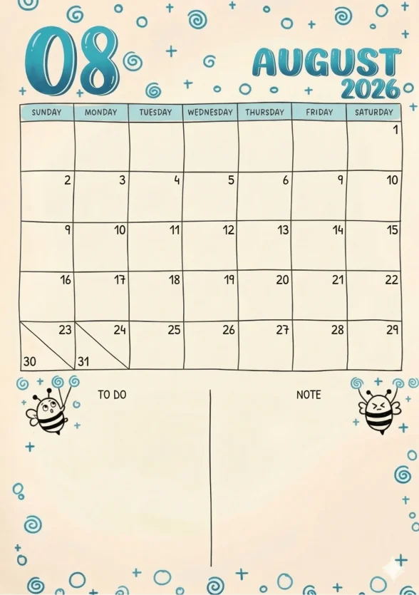 Free 2026 August Calender