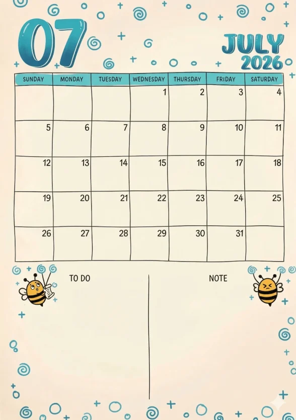 Free 2026 July Calender