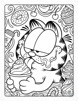 Garfield Eating Cupcakes Coloring Page