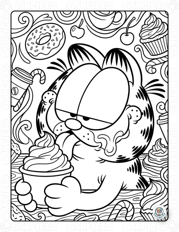 Garfield Eating Cupcakes Coloring Page 1 Garfield Eating Cupcakes Coloring Page
