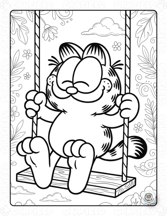 Garfield Swinging in the Garden Coloring Page