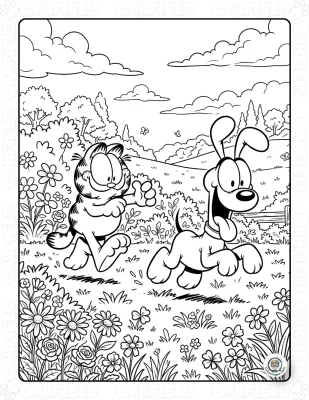 Garfield and Odie Playing Coloring Page