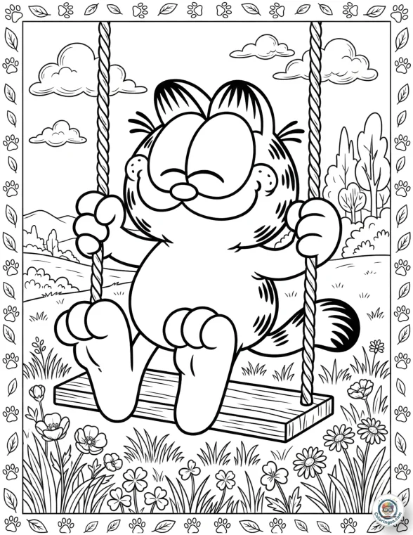 Garfield on a Rope Swing Coloring Page