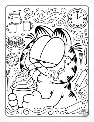 Hungry Garfield with Desserts Coloring Page