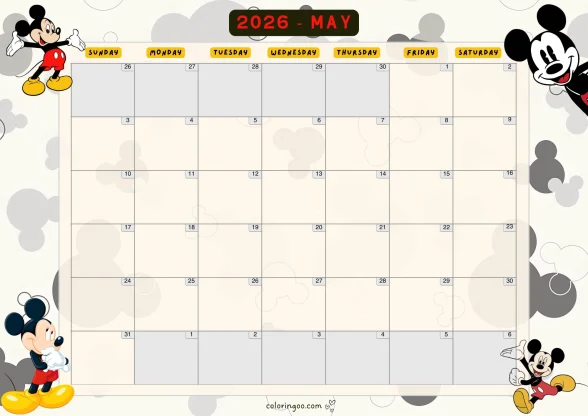 Mickey Mouse Calendar 2026 May A4