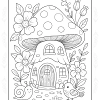 Mushroom House with Flowers Coloring Sheet