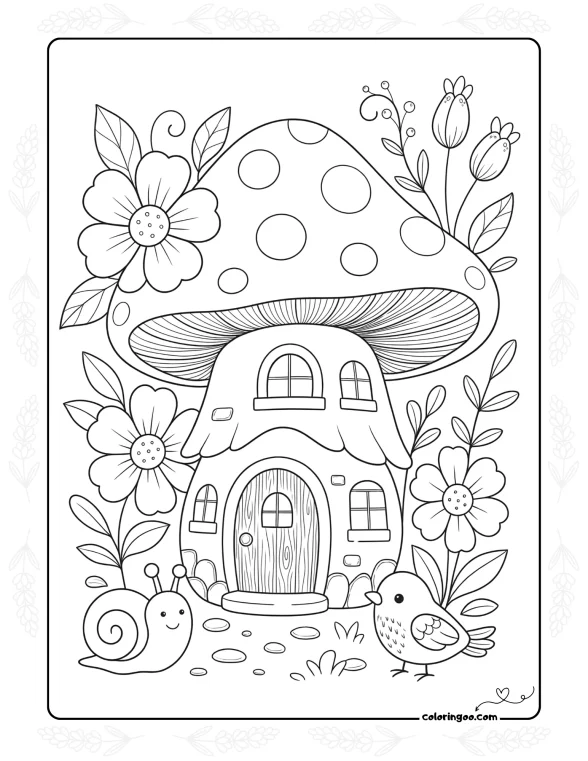 Mushroom House with Flowers Coloring Sheet
