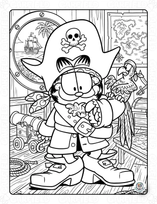 Pirate Garfield on the Ship Coloring Page