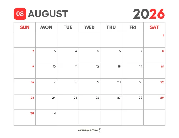 Printable Calendar for August 2026