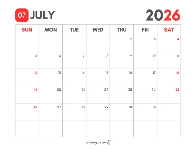 Printable Calendar for July 2026