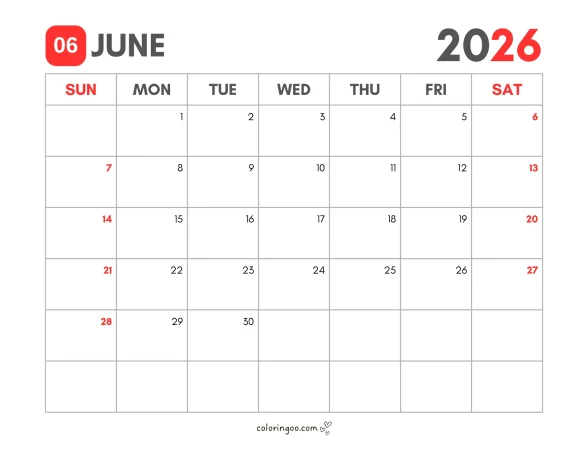 Printable Calendar for June 2026 1 Printable Calendar for June 2026