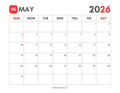 Printable Calendar for May 2026