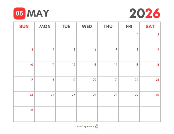 Printable Calendar for May 2026